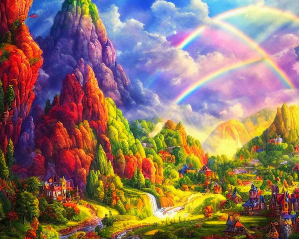 Colorful fantasy landscape with rainbow, autumn trees, mountains, river, and houses
