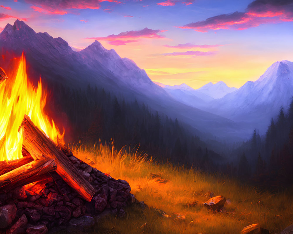 Colorful Campfire Scene with Dancing Flames and Majestic Mountains at Dusk