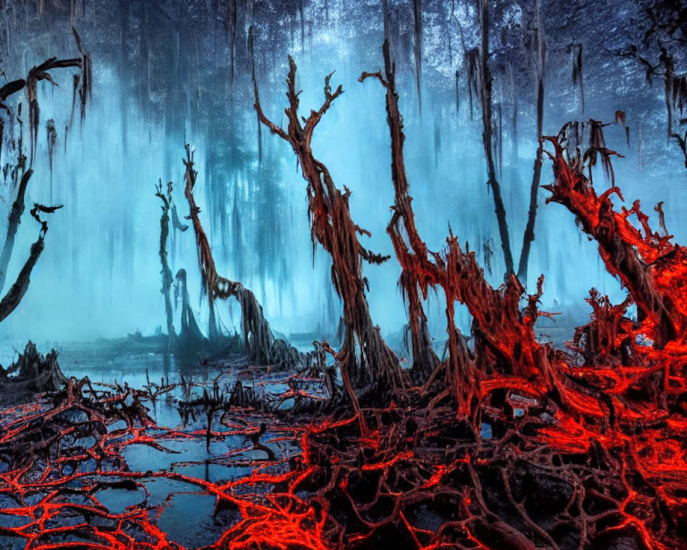Mystical forest with red roots, dark trees, and blue foggy backdrop