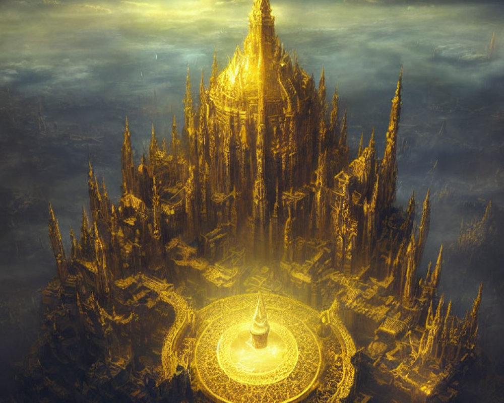 Ethereal golden city with intricate spires under celestial sky