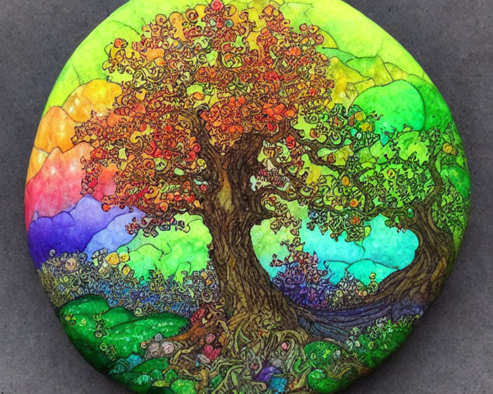 Colorful Tree Artwork on Circular Canvas with Rainbow Background