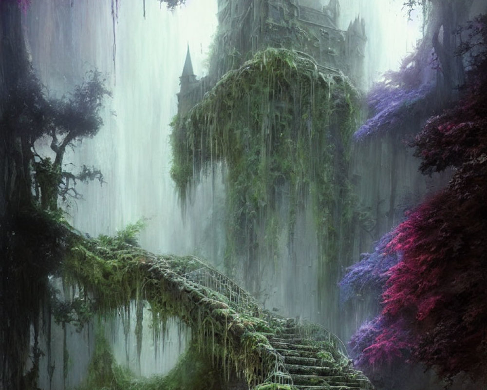 Mystical castle on cliff in foggy fantasy landscape