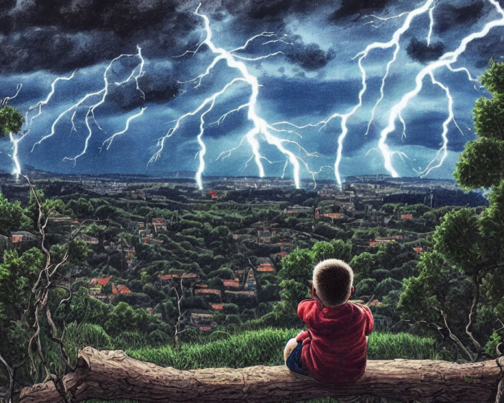Child in Red Jacket Observes City Amid Lightning Storm