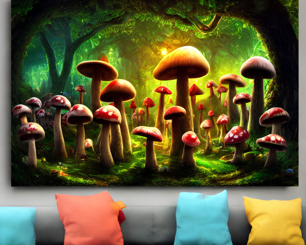 Colorful Mushroom Forest Artwork Above Couch