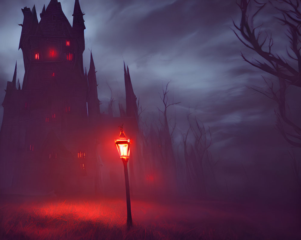 Eerie Gothic castle night scene with red mist and lamppost