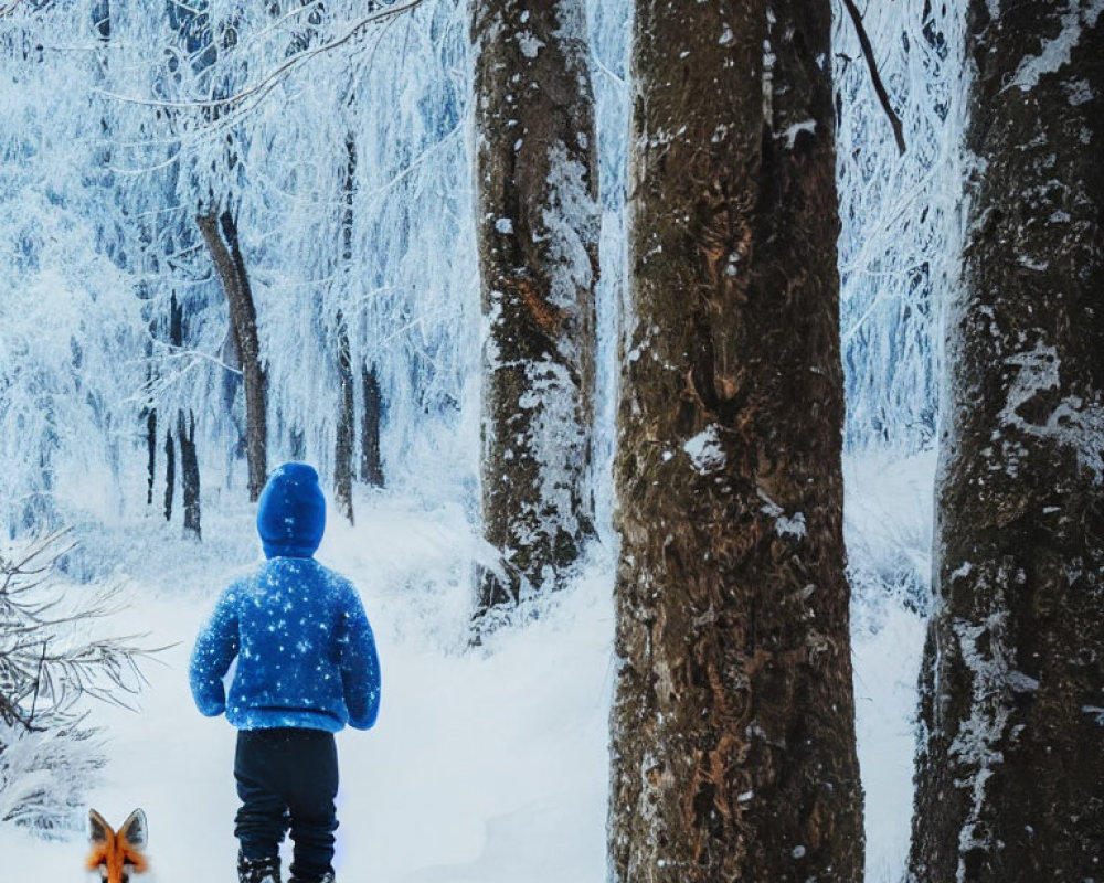 Child in Blue Jacket Walking with Red Fox in Snowy Forest