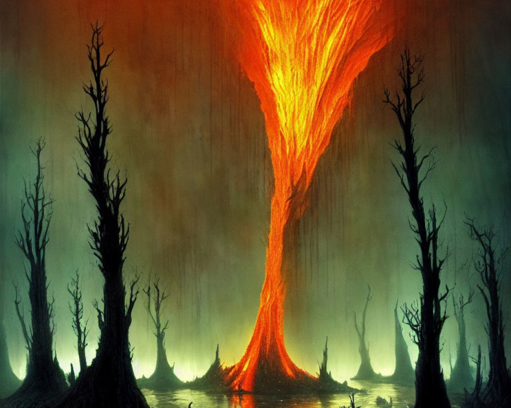 Fiery glowing tree in mystical swamp scene