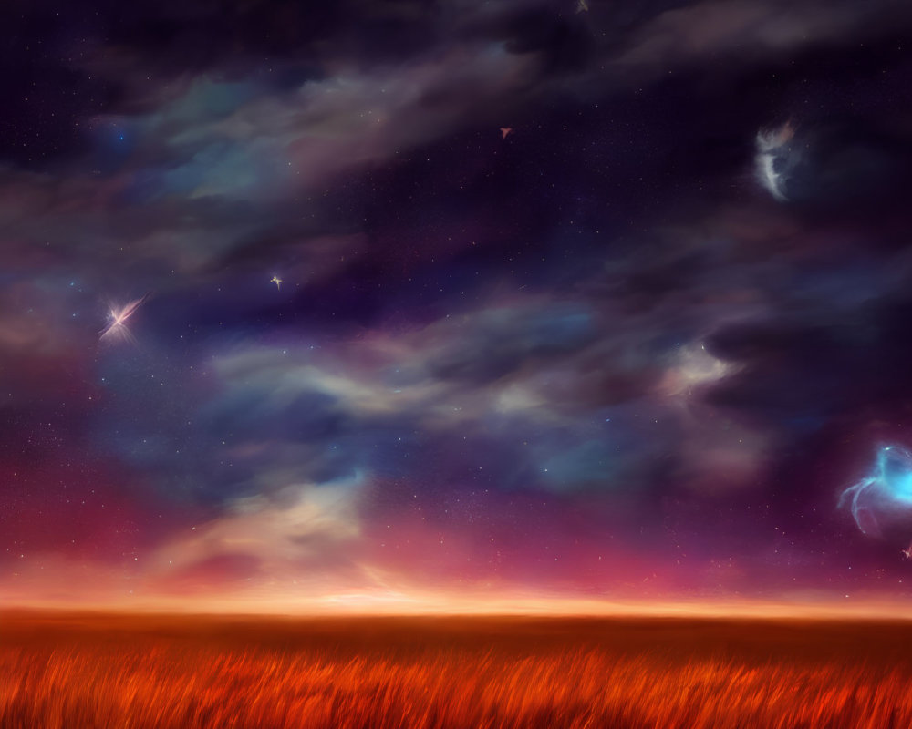 Colorful digital painting: Wheat field at dusk under starry sky
