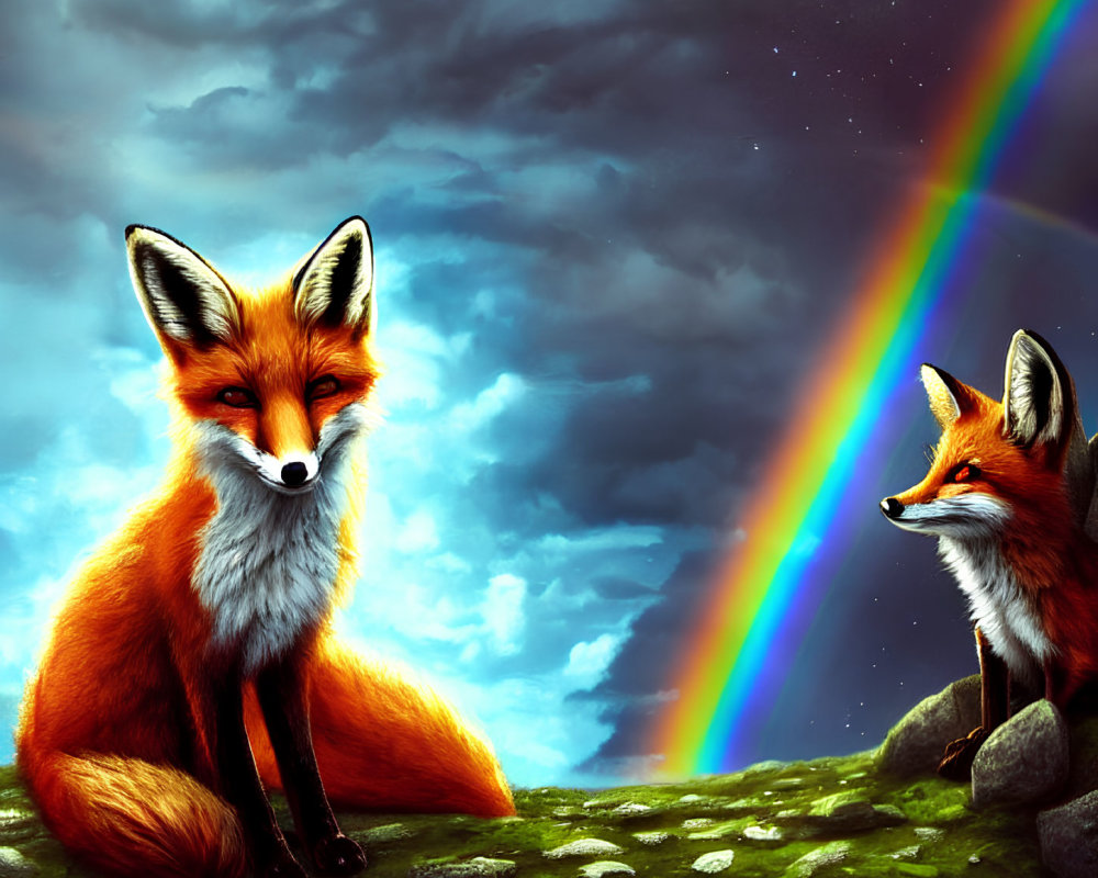 Vibrant red foxes on grass with rainbow and stormy skies