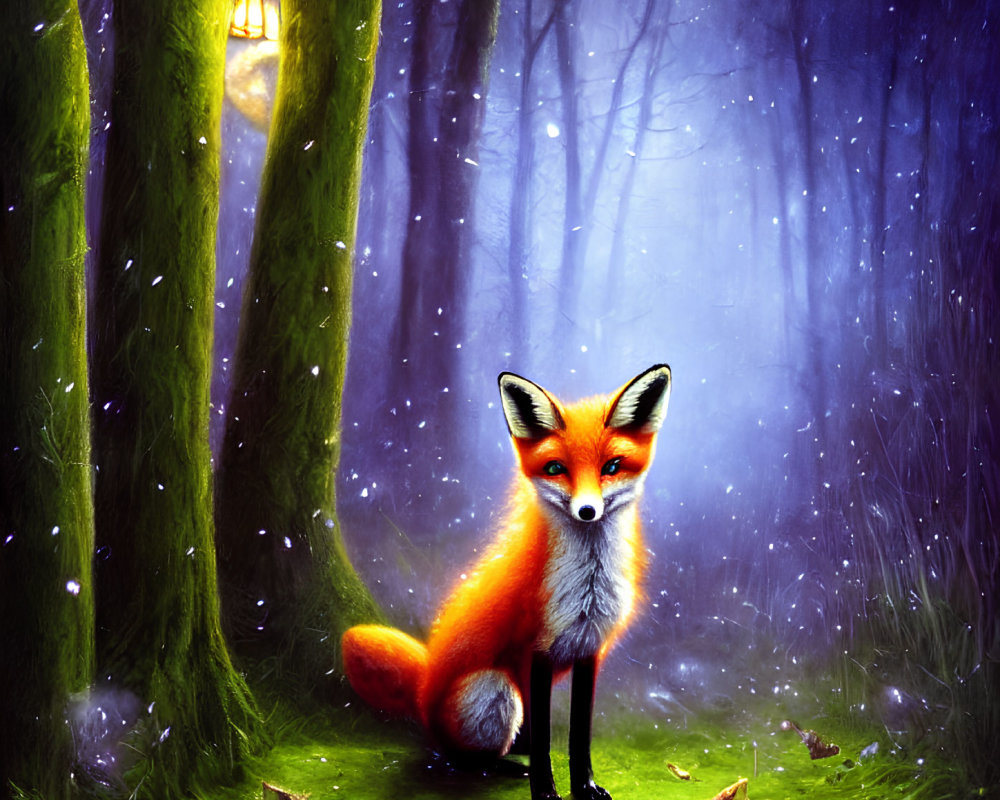 Orange Fox in Mystical Foggy Forest with Lantern
