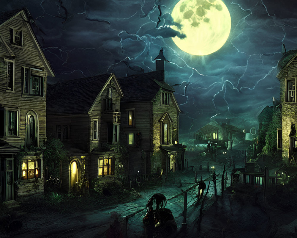 Moonlit Victorian town street with silhouettes under stormy sky