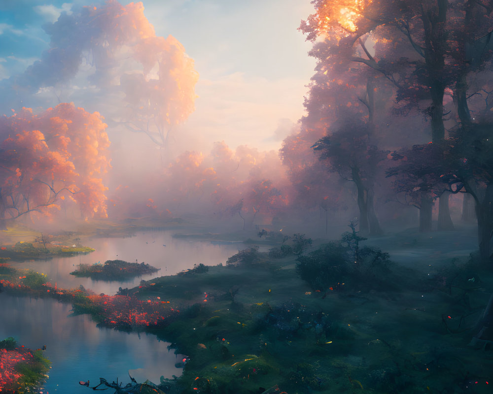 Serene Sunrise Forest Scene with Misty Light and Stream