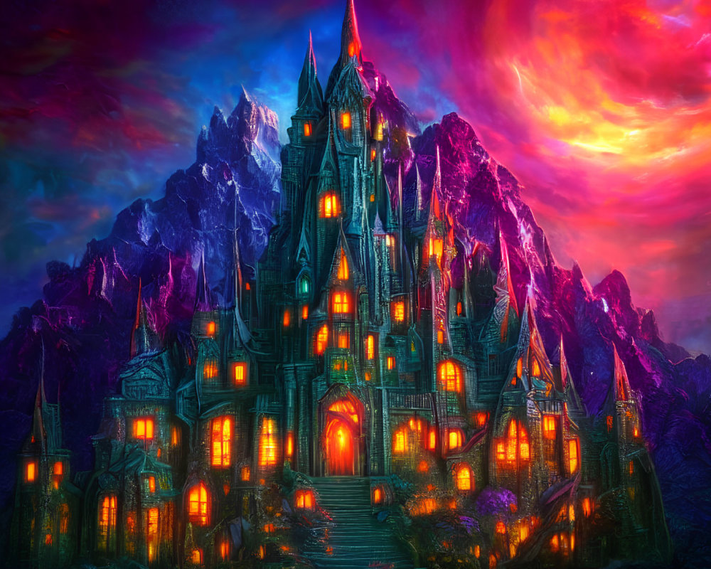 Fantasy castle at twilight with illuminated windows against mountain backdrop