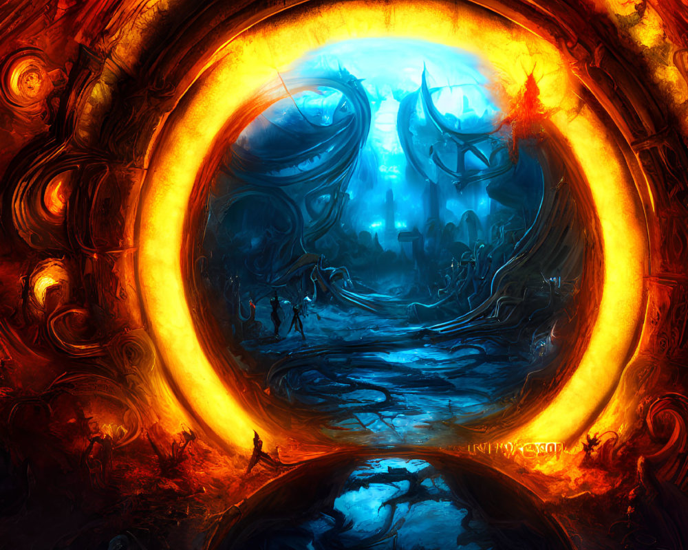 Circular Fiery Orange and Red Portal Reveals Mystical Underwater Scene