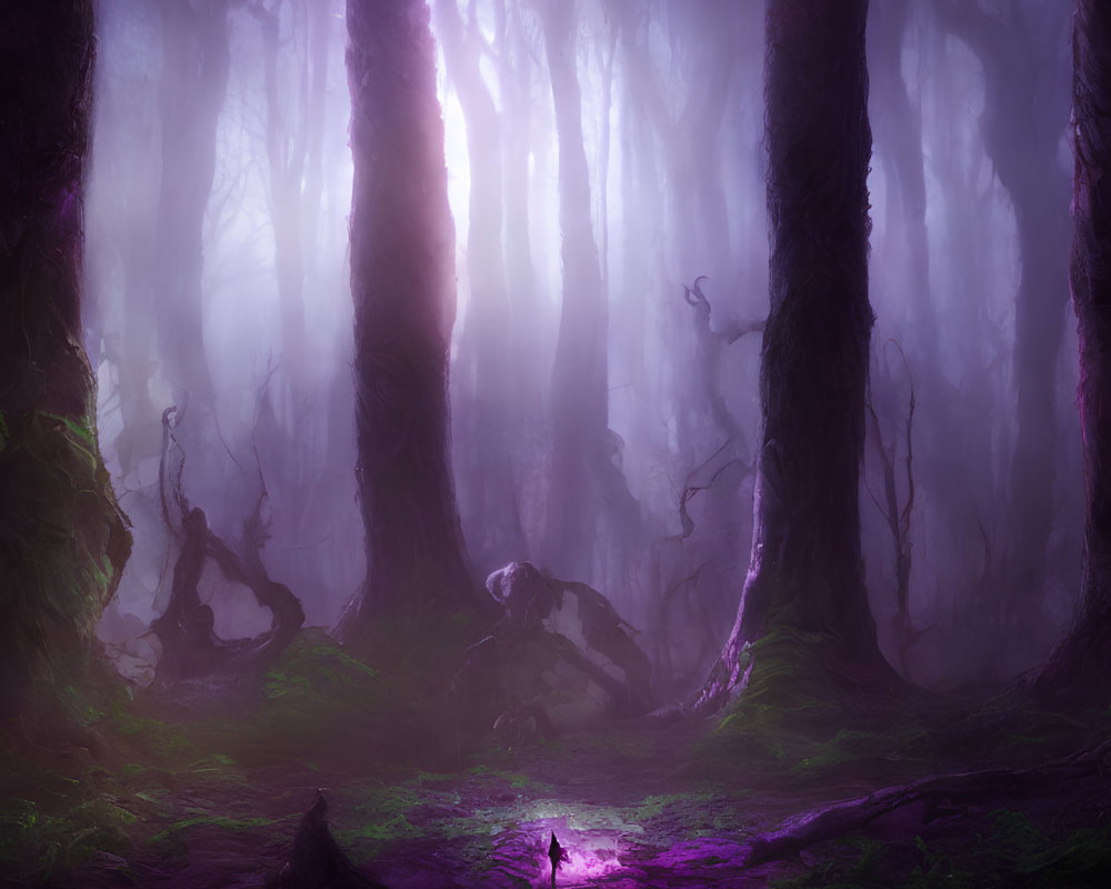 Enchanting purple-lit forest with fog, towering trees, and green moss.