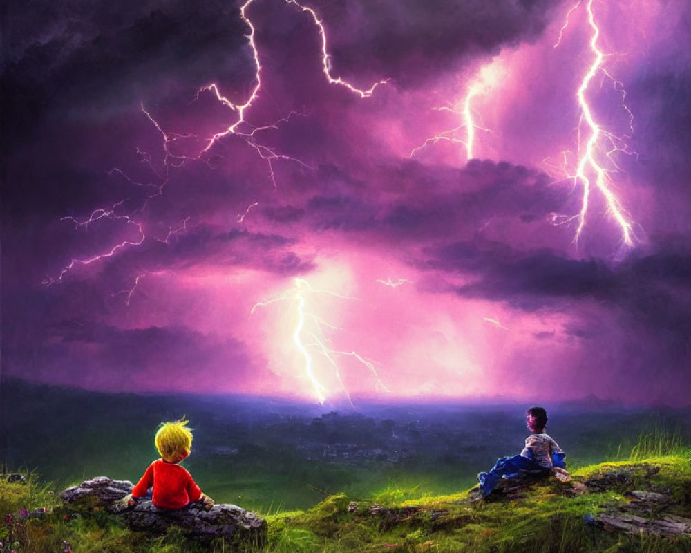 Children watching dramatic purple sky with lightning bolts