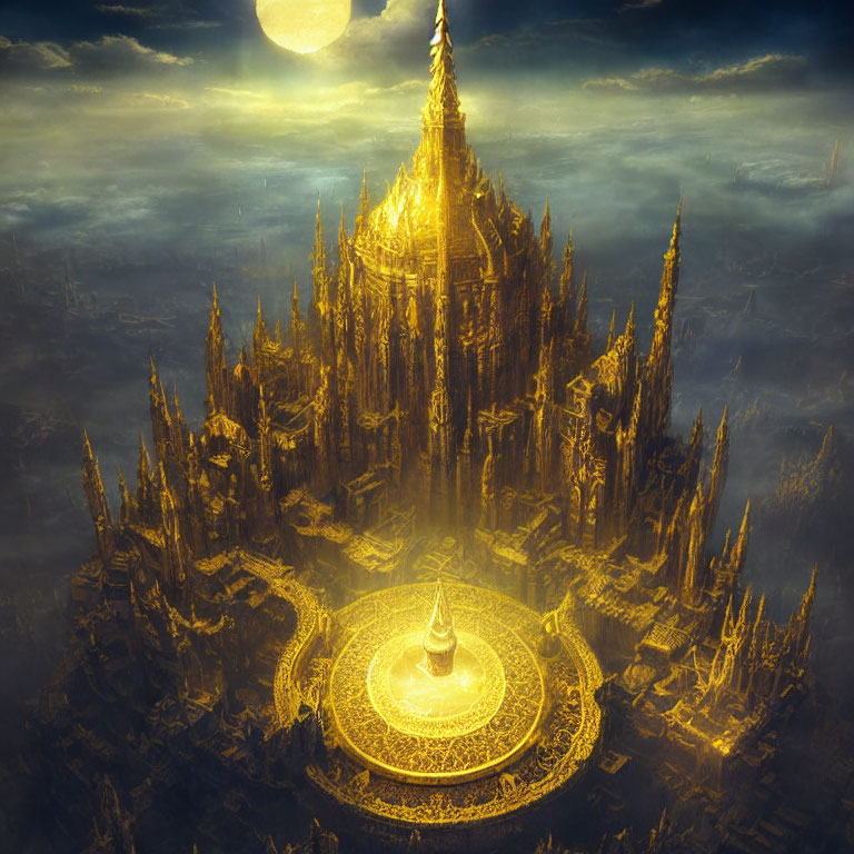 Ethereal golden city with intricate spires under celestial sky
