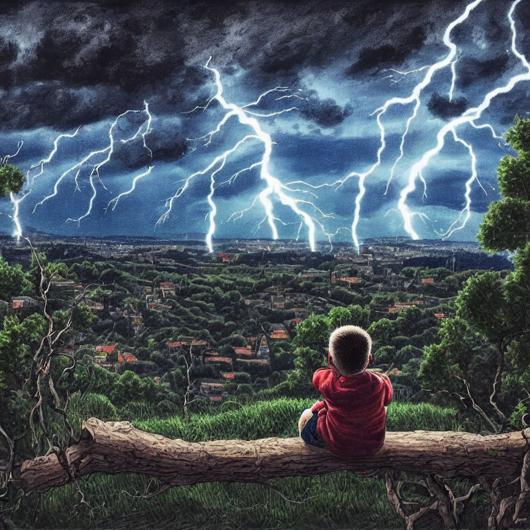 Child in Red Jacket Observes City Amid Lightning Storm