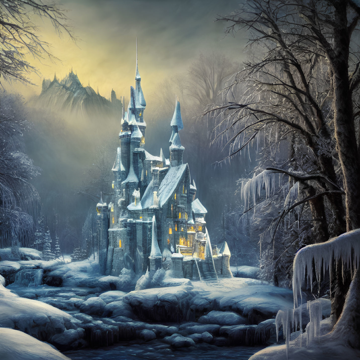 Mystical winter castle with warm glowing lights in snowy landscape