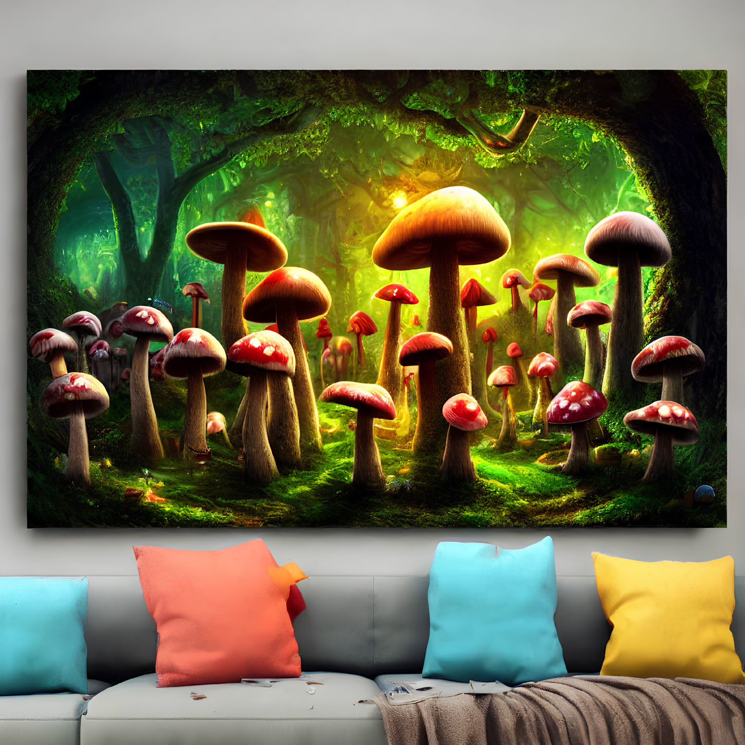 Colorful Mushroom Forest Artwork Above Couch