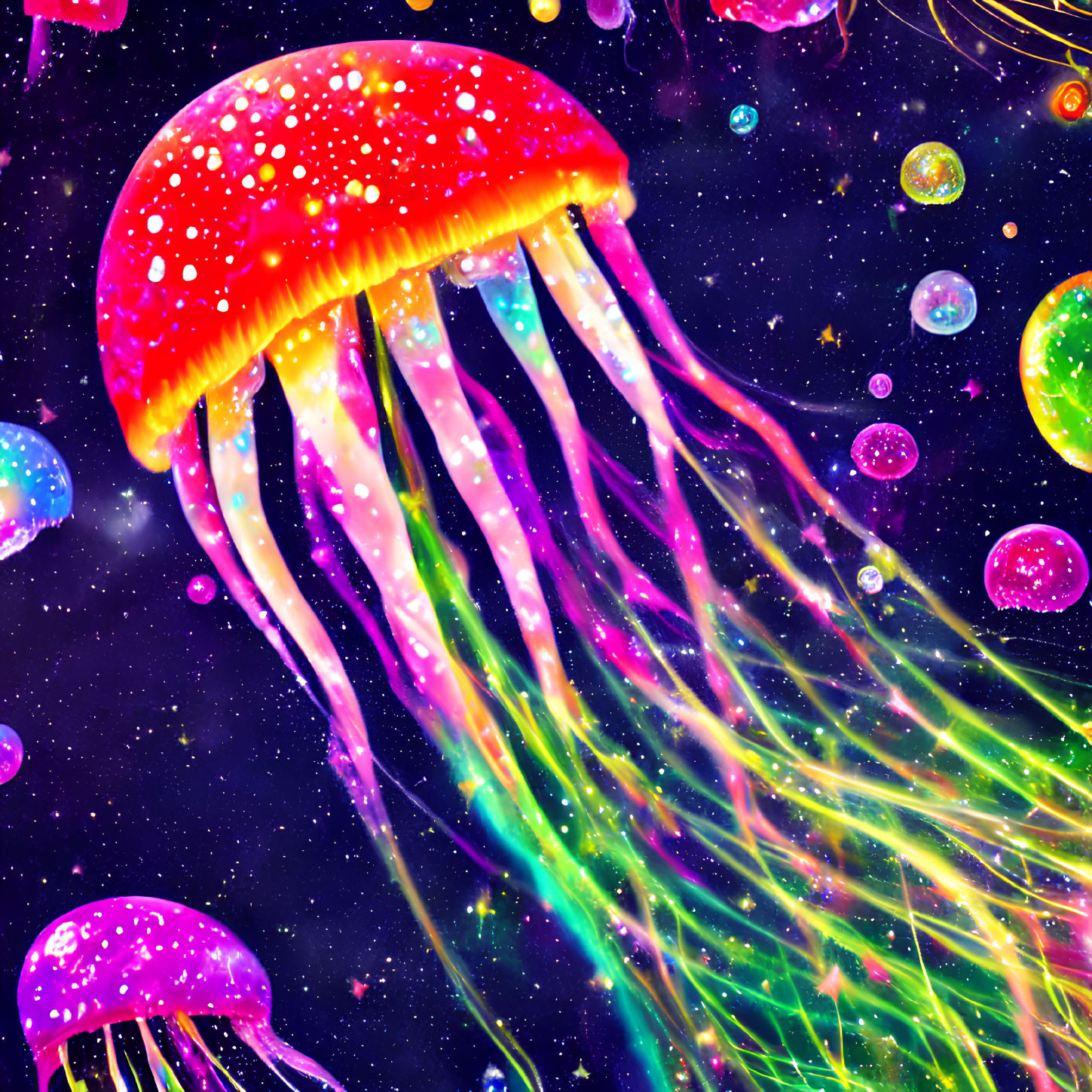Neon-colored jellyfish in cosmic galaxy artwork