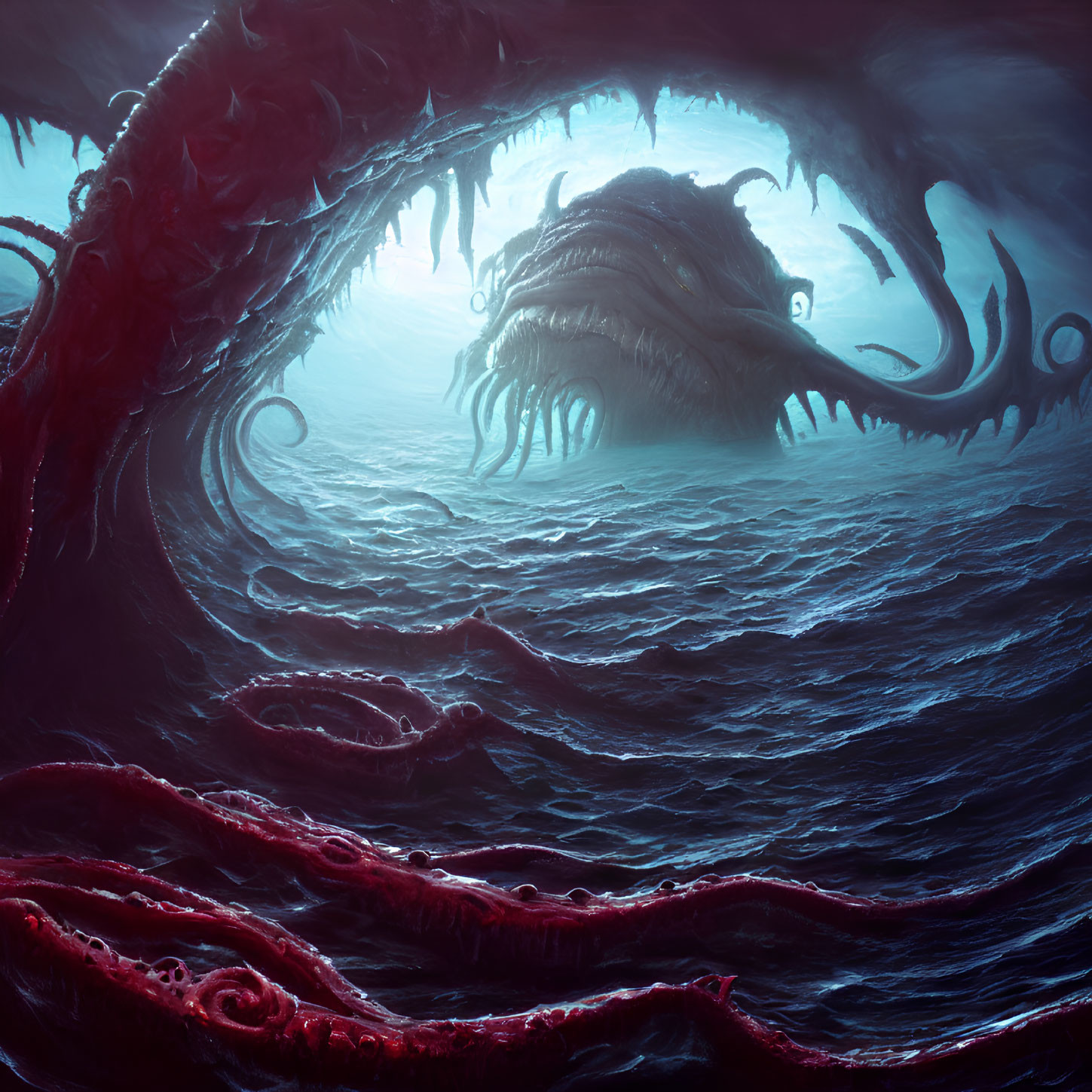 Menacing sea monster with tentacles emerges from dark blue ocean