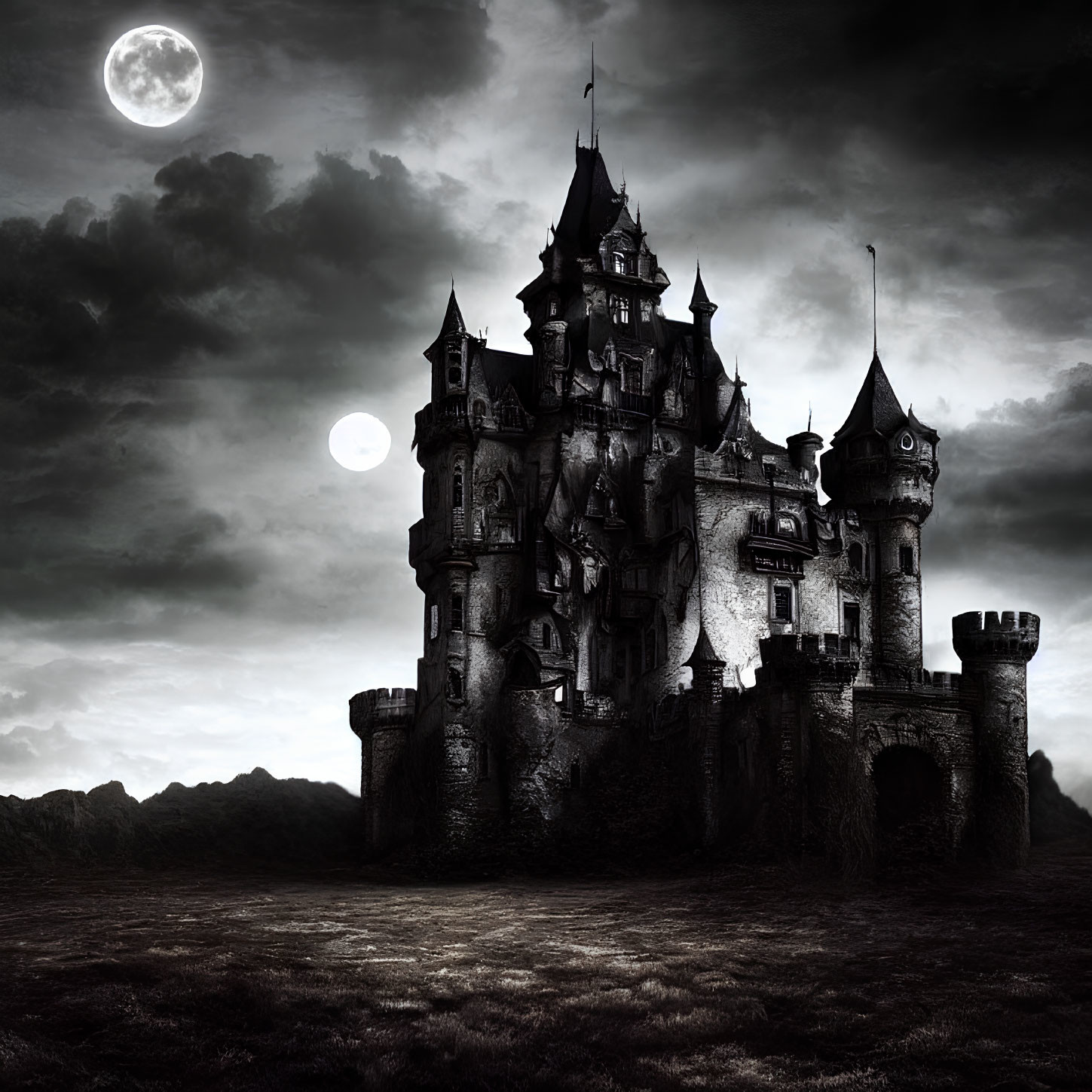 Gothic castle under night sky with two moons on rocky terrain
