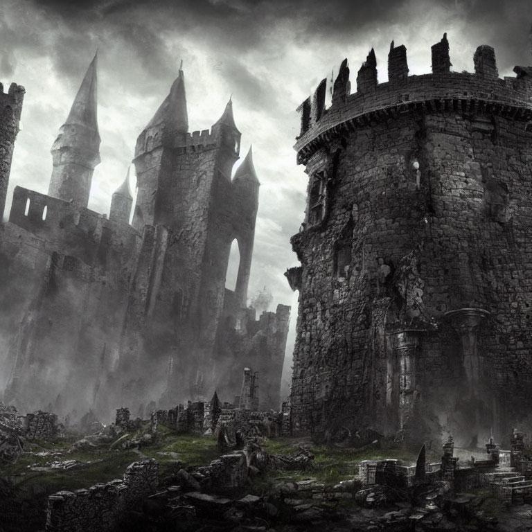 Dark medieval castle ruins in foggy desolation