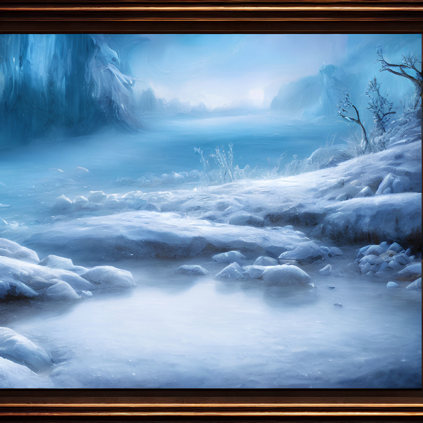 Winter Landscape Painting: Frozen Stream, Snow-Covered Banks