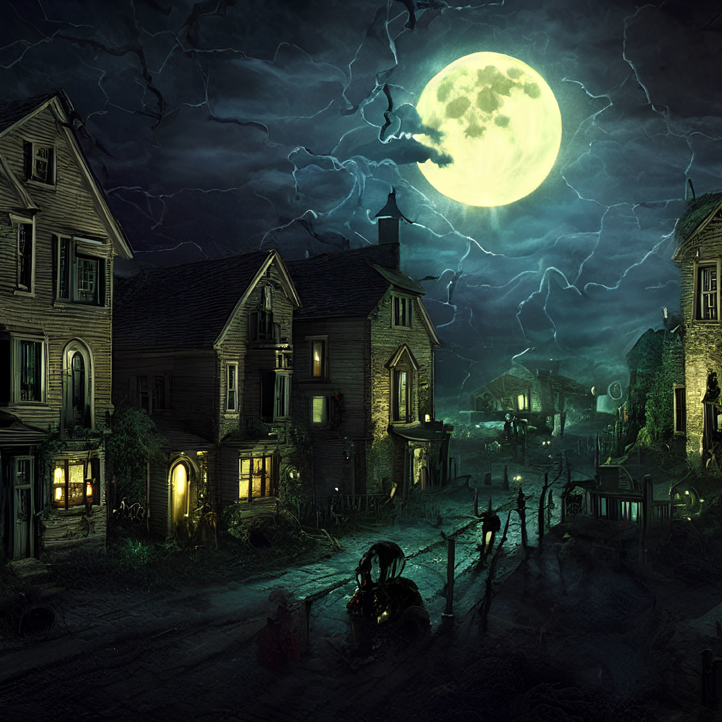 Moonlit Victorian town street with silhouettes under stormy sky