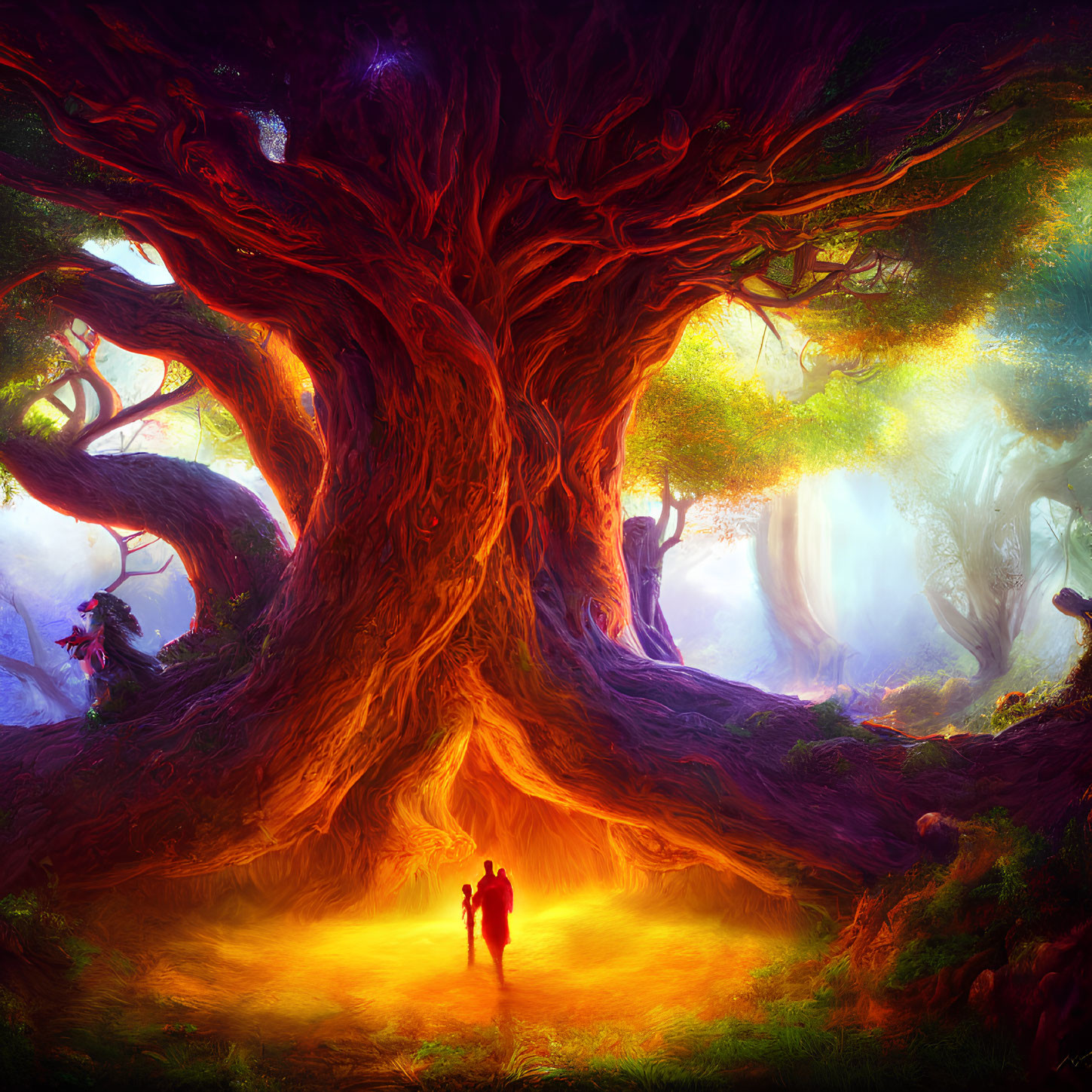 Illustration of mystical tree with fiery roots and figures in enchanted forest