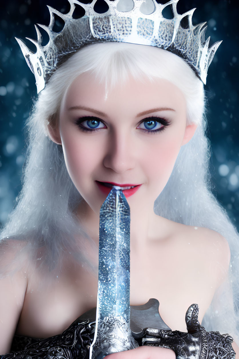 Blonde woman with blue eyes wearing ice crown in snowy scene