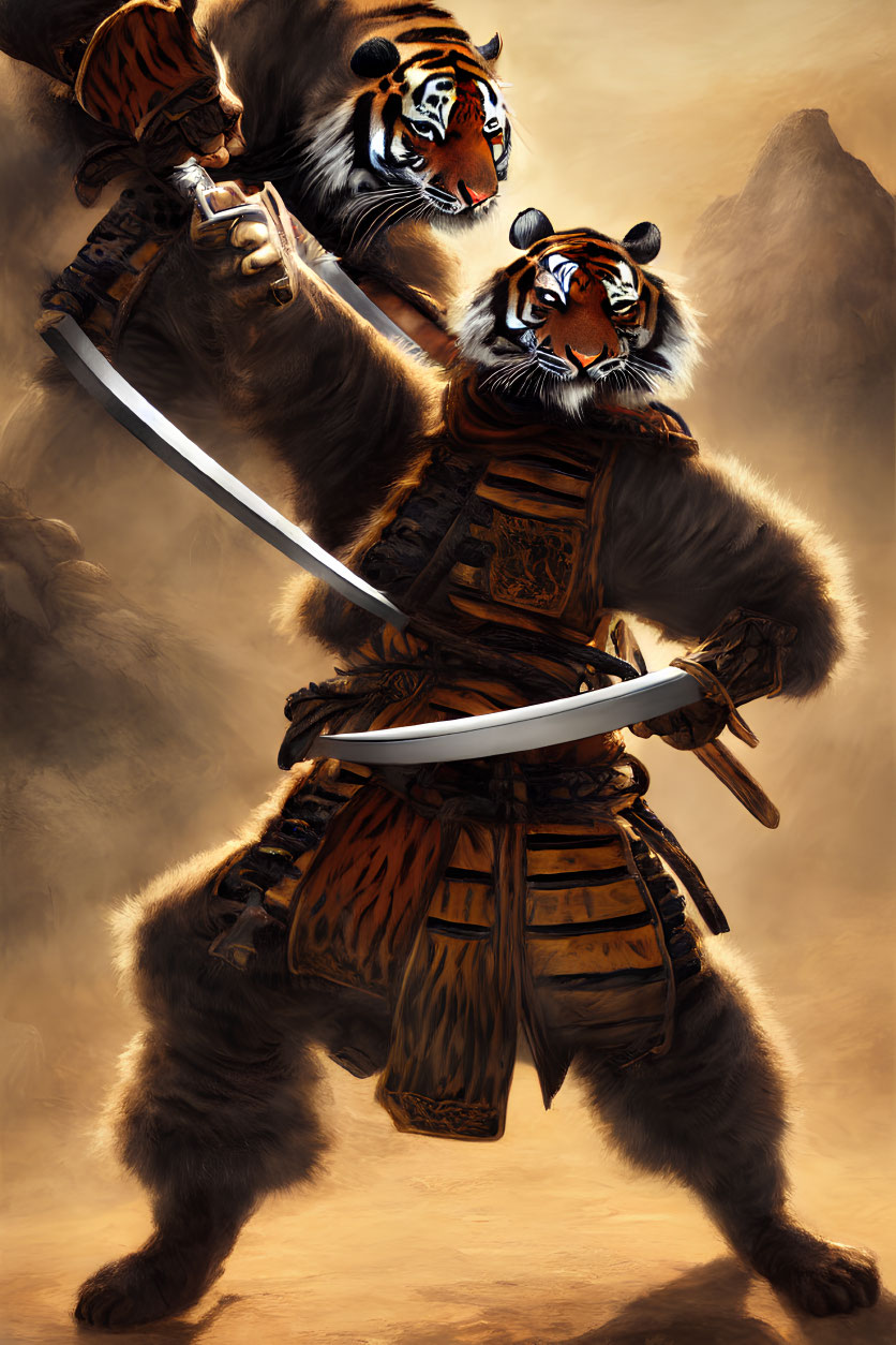 Anthropomorphic Tiger Warriors in Traditional Armor with Katanas