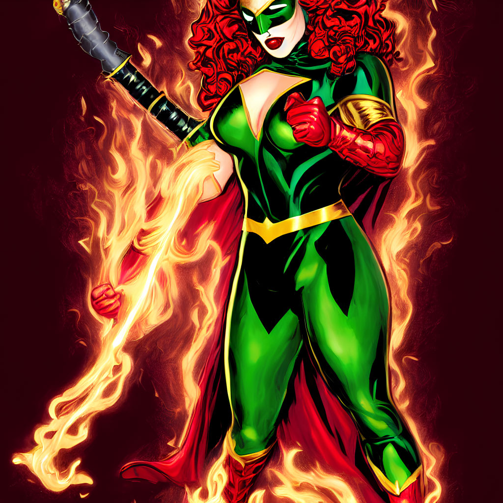 Female superhero with red hair in green and yellow costume wields flaming sword