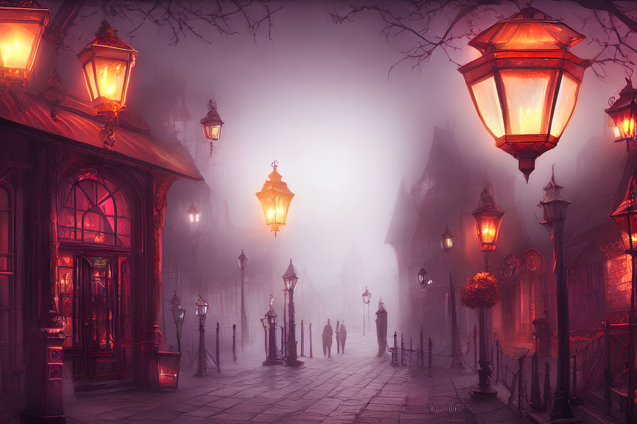 Twilight scene with glowing street lamps on cobbled street