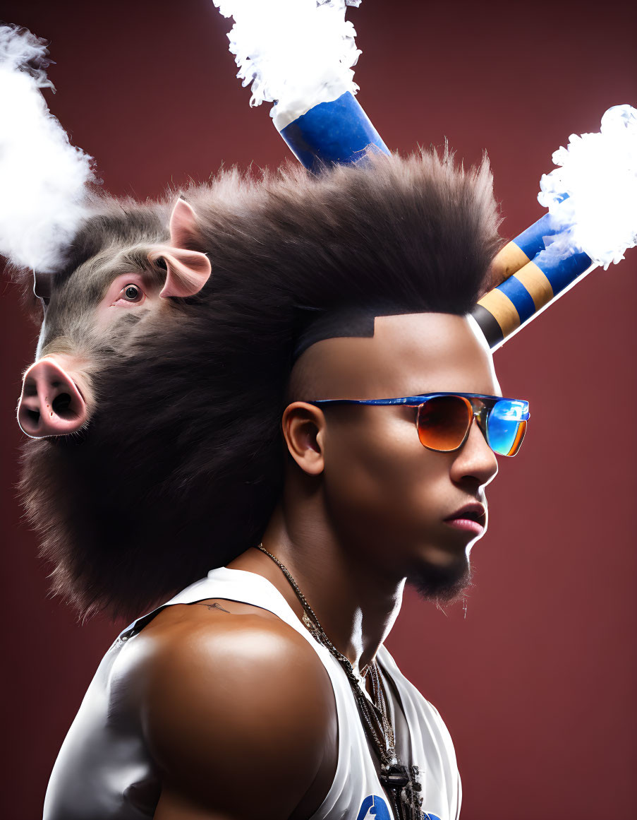 Person with Creative High-Top Fade and Smoke Elements Hairstyle in Sunglasses