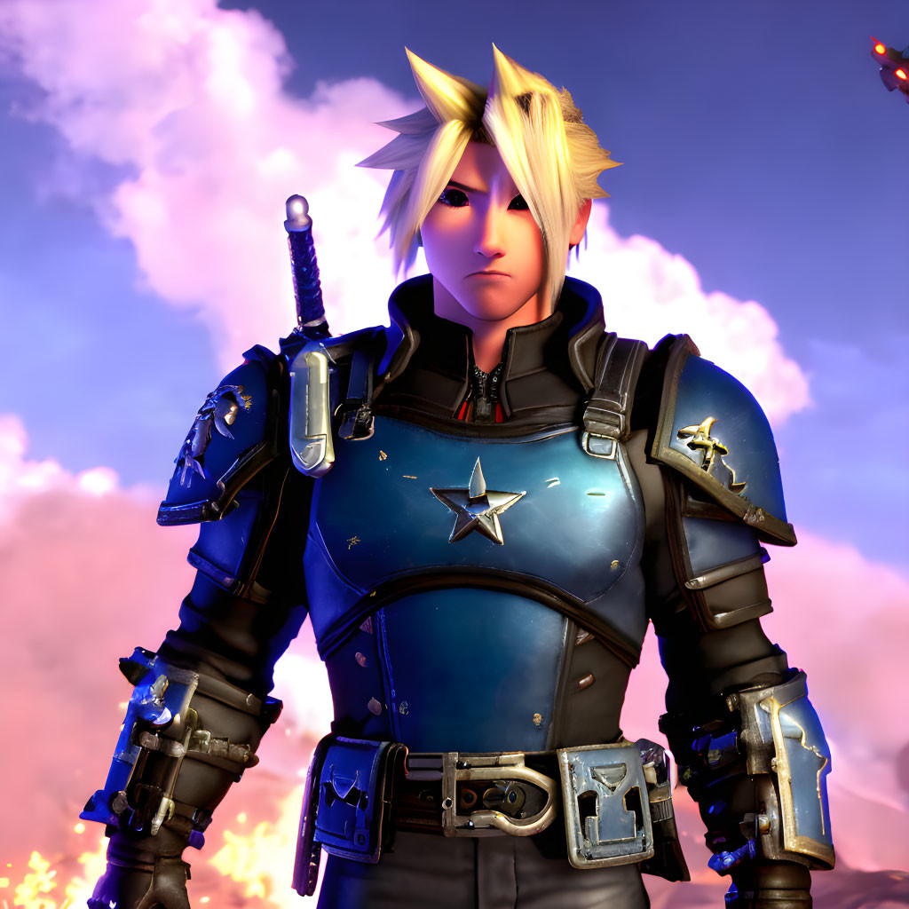 Spiky Blonde Hair 3D Character in Blue Armor with Sword at Sunset