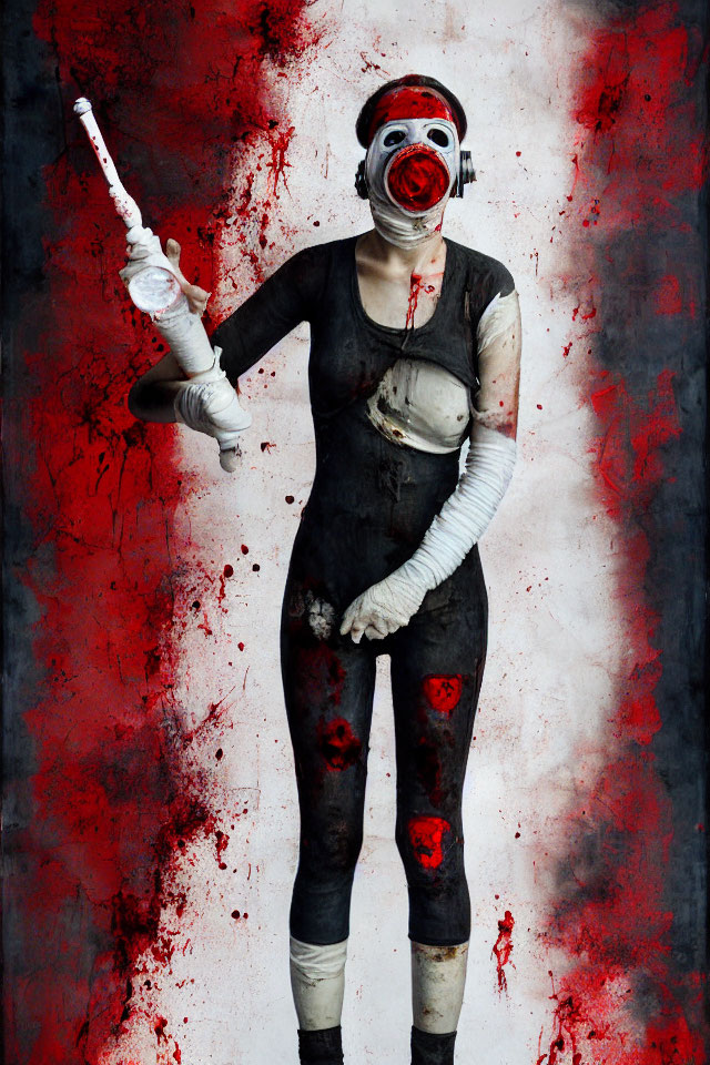Dark figure in stained attire with gas mask, holding syringe on blood-splattered backdrop