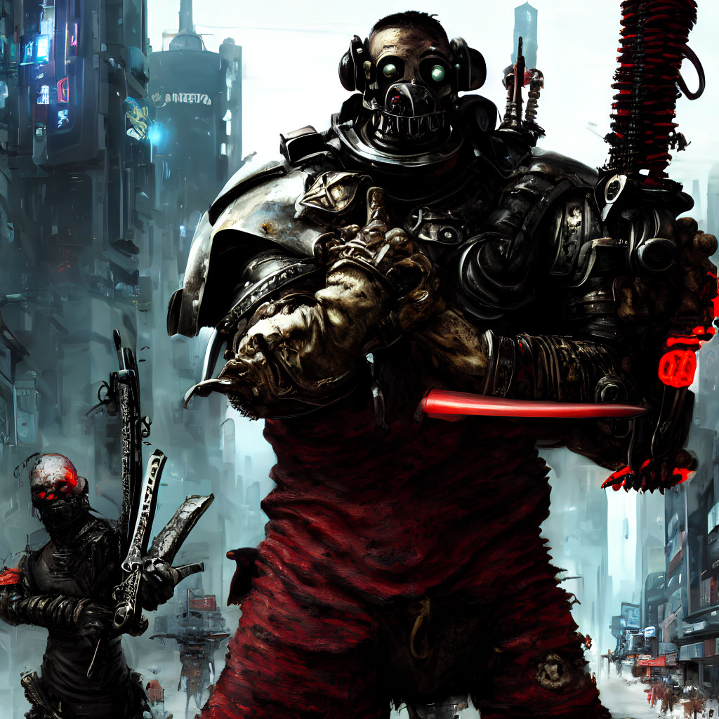 Armored figure with gas mask and sword in cyberpunk cityscape.