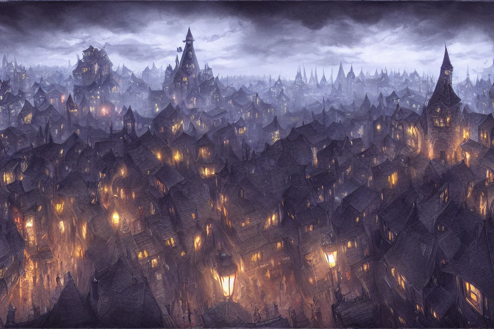Fantasy cityscape with pointed rooftops and illuminated windows