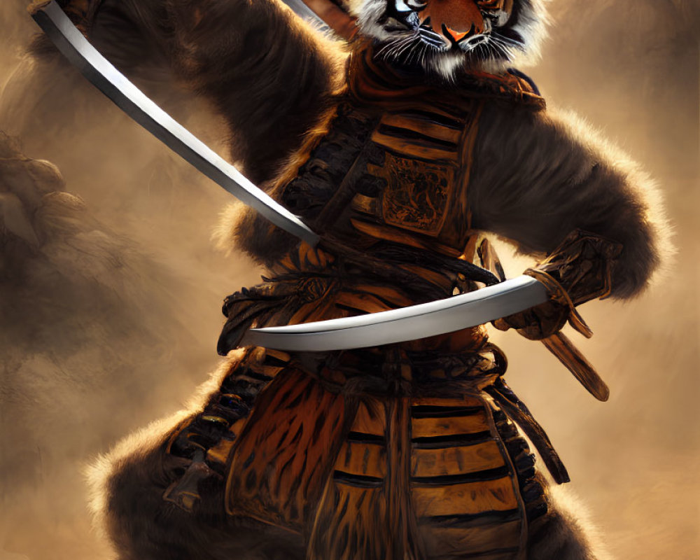 Anthropomorphic Tiger Warriors in Traditional Armor with Katanas