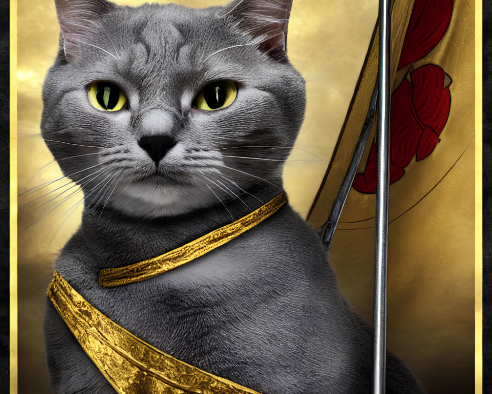 Gray Cat Artwork: Yellow-eyed Feline in Warrior Garb