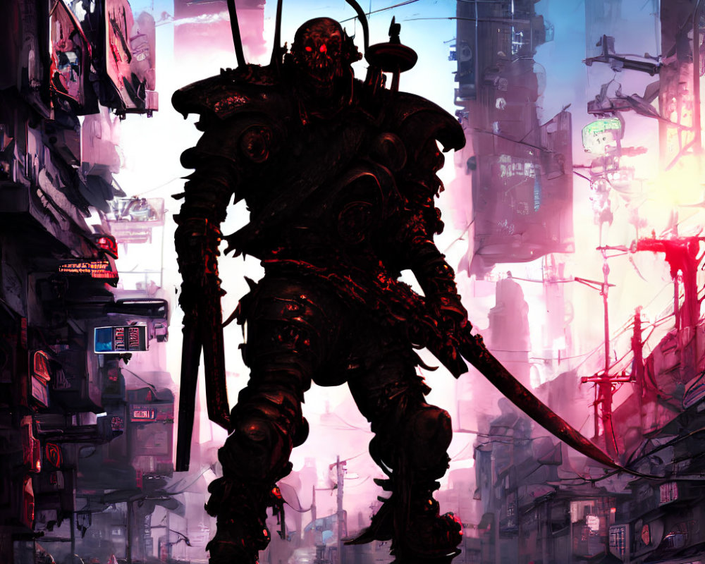 Futuristic warrior in armor with long sword in neon-lit cyberpunk cityscape