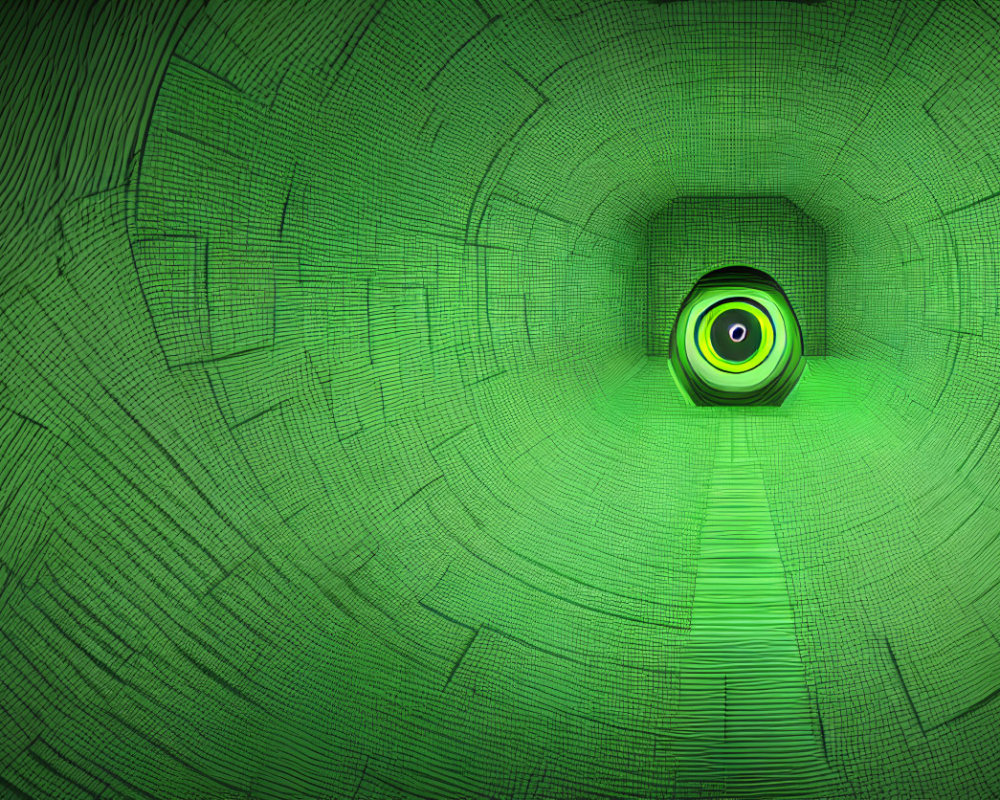 Digital green tunnel with concentric circle pattern and glowing green eye.