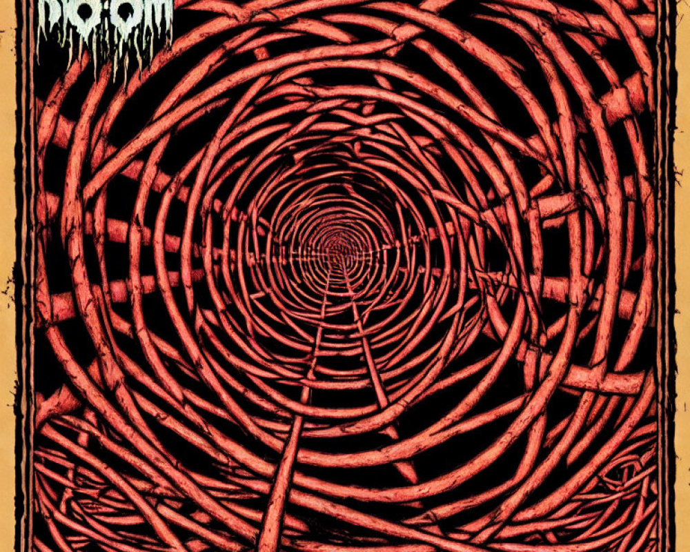 Circular labyrinth design with red and black color scheme and band logo.