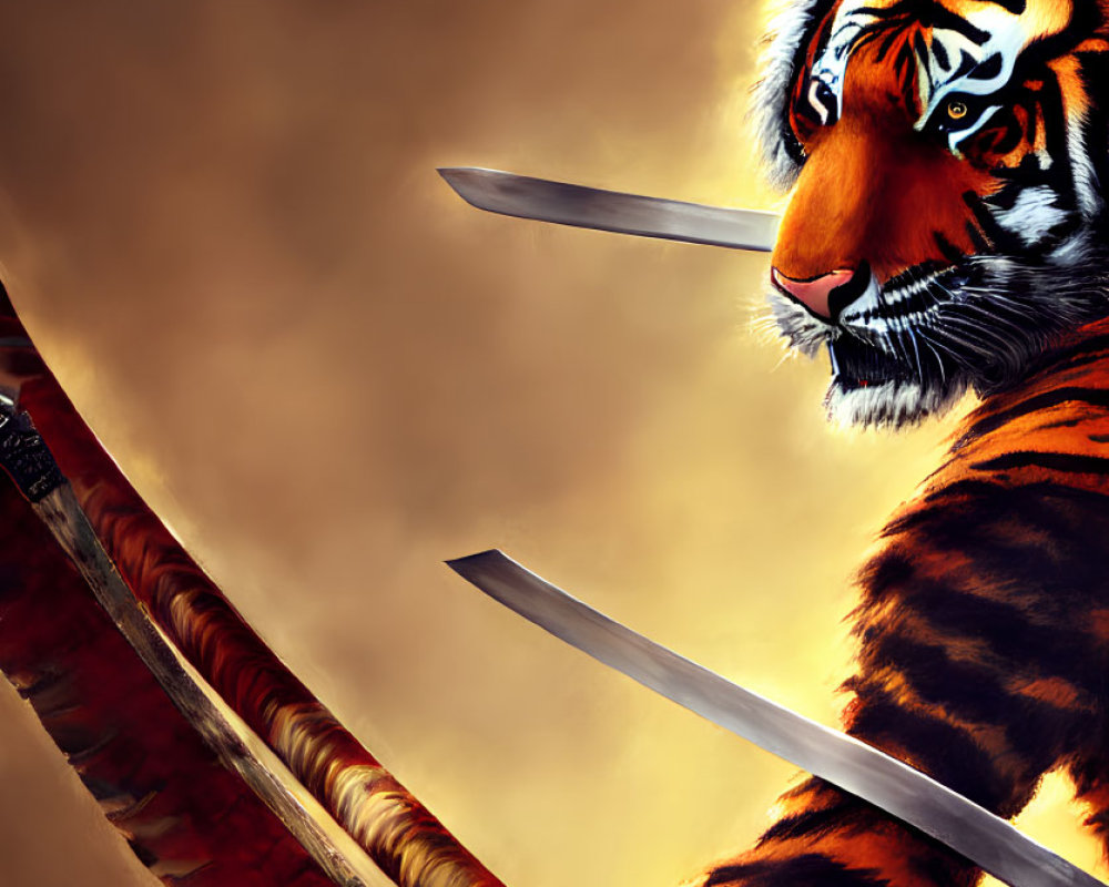 Anthropomorphic Tiger with Katana on Golden Background