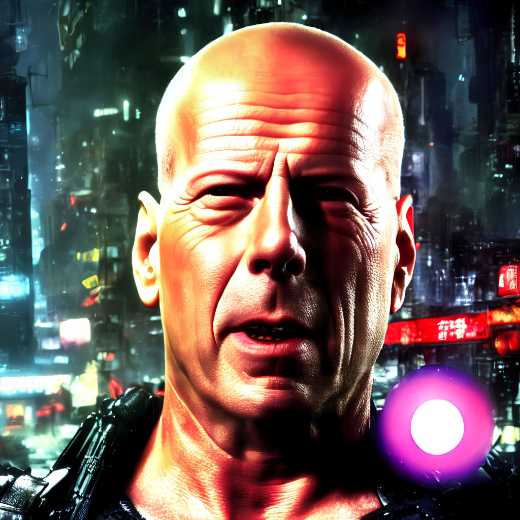 Bald CGI man with intense gaze in neon-lit cityscape
