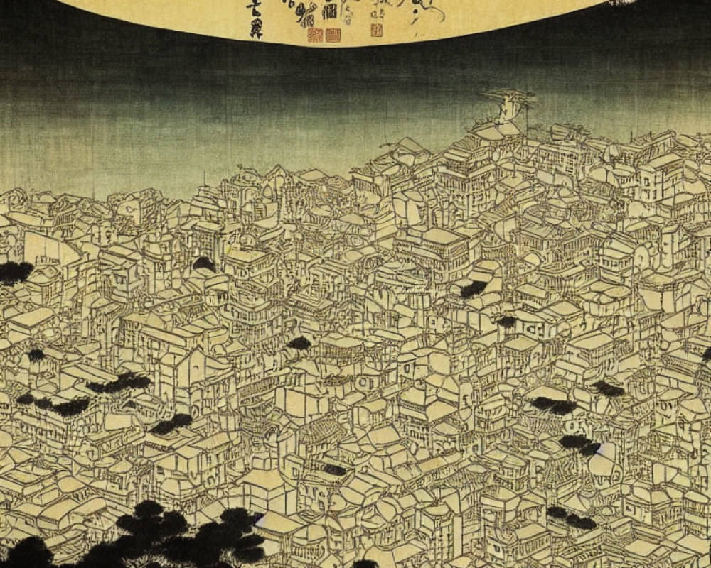 Detailed traditional Japanese woodblock print of bustling Edo-period town