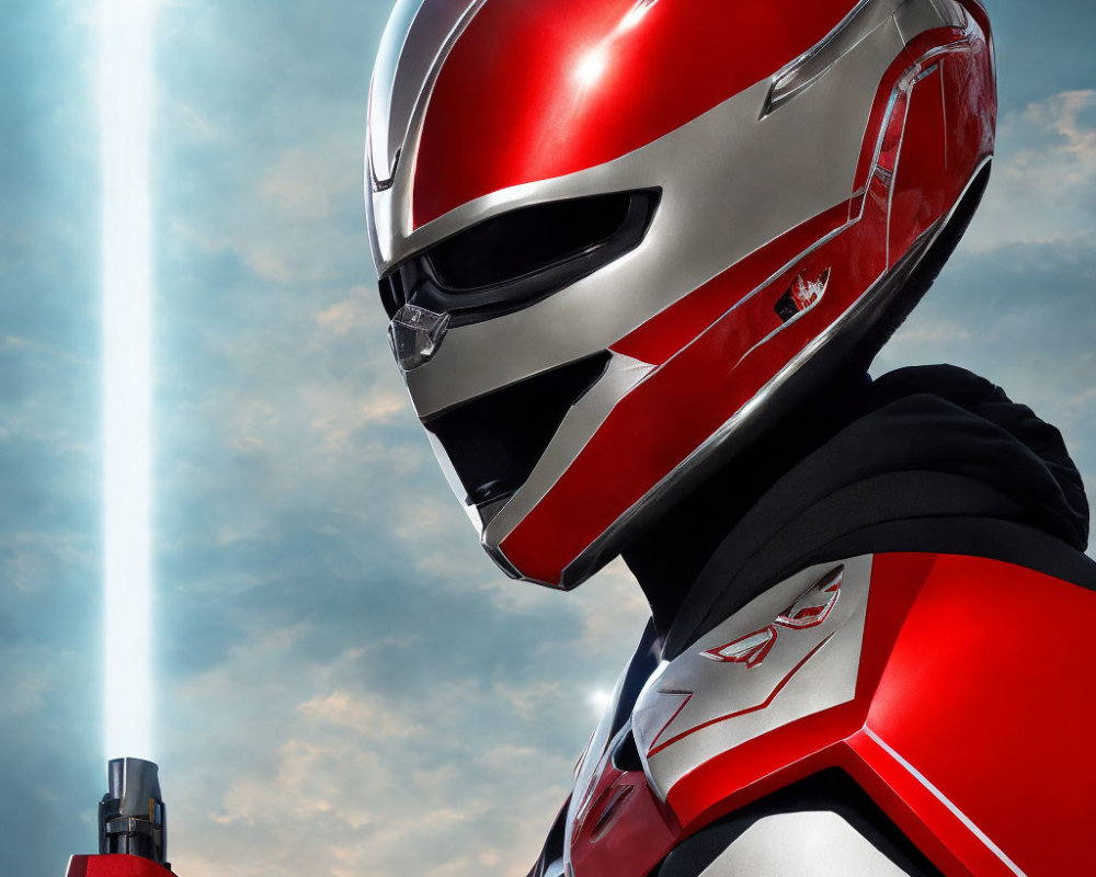 Red and Silver Power Ranger gazing at bright light beam in sky