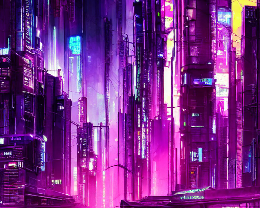 Neon-lit cyberpunk cityscape with pink and purple hues